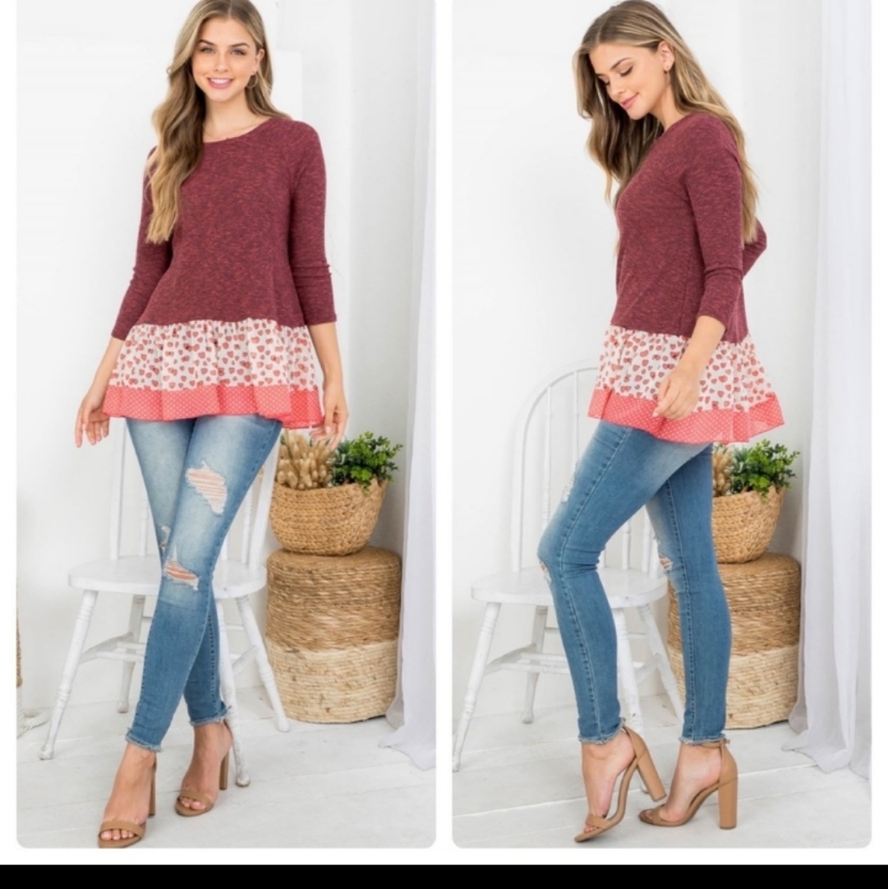 Burgundy heart print top